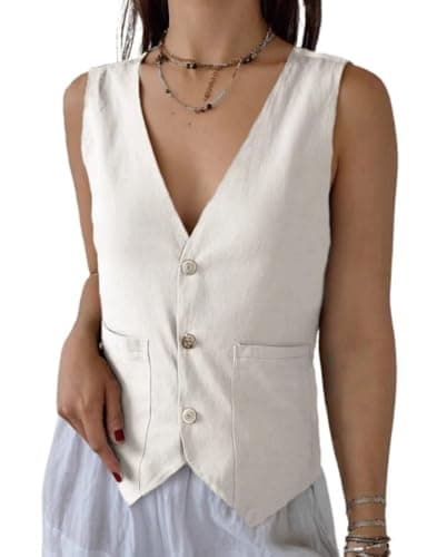 IDEALSANXUN Women's Linen Vest Lightweight Blazer Cardigan Summer Top — Beige