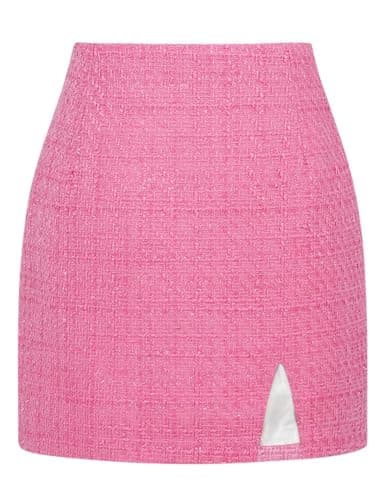 High Waisted Wool Plaid Mini Skirt with Slit for Women by IDEALSANXUN — Tweed Pink