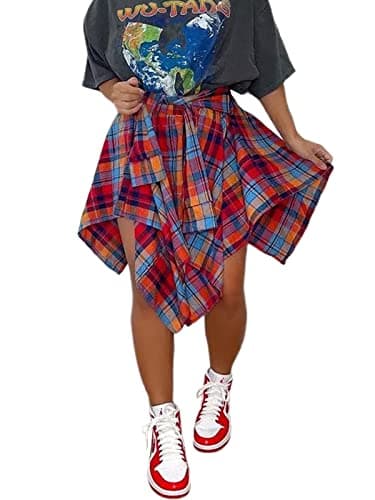 ALLUMK Women's High-Waist Casual Plaid Mini Skirts with Belt