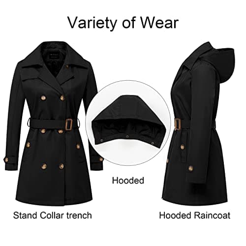 CREATMO Women's Classic Double-Breasted Trench Coat with Detachable Hood