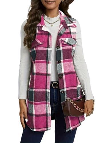 IDEALSANXUN Women's Plaid Sleeveless Cardigan Shacket Vest Fall Fashion — Pink