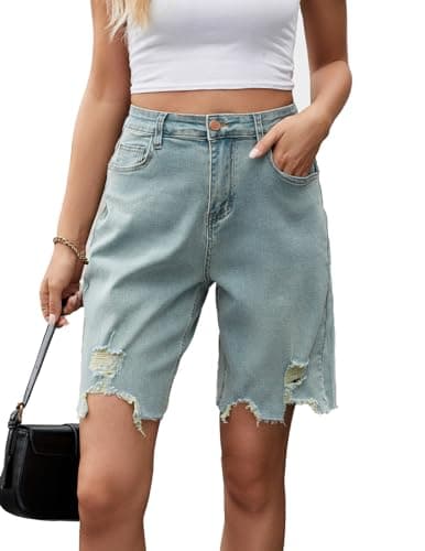 TOSATISFINE Women's High-Waisted Stretch Jean Shorts — Vintage Blue-ripped