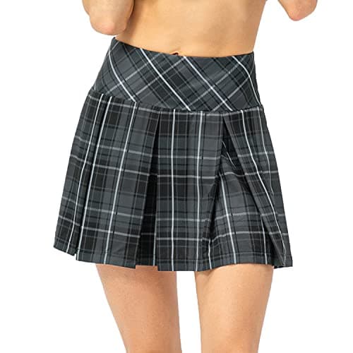 Amxiway Women's Pleated Mini Plaid Skort for Tennis & Golf — Grey Plaid