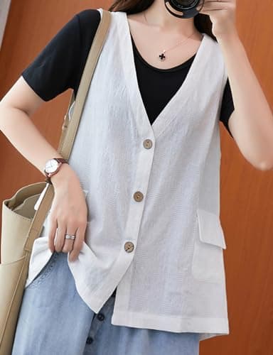 Womens Linen Vest Casual Loose Fit Button Down Sleeveless Blazer