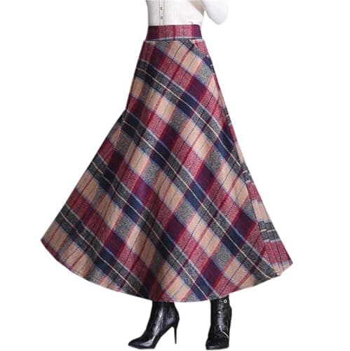 SANGTREE Women's High-Waist Flared Tartan Wool Skirt