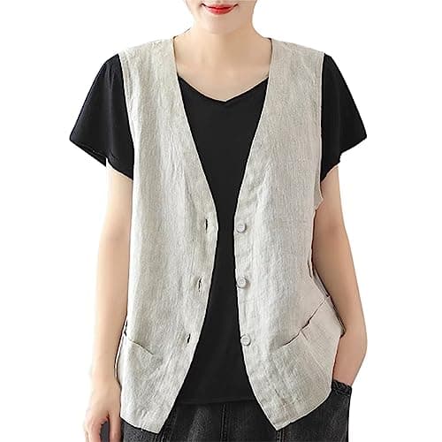 Woman Linen Button Down Sleeveless Camisole Top Coat — White