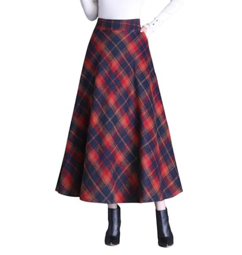 Biilyli Women's Plaid Wool Maxi Skirt with High Waist Elastic Waist