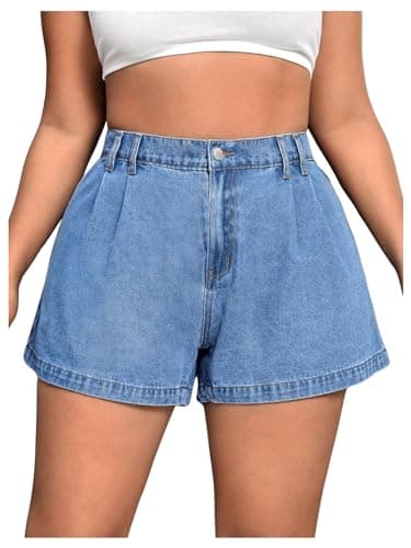 WDIRARA Women's Plus Size High-Waist Pleated Wide Leg Denim Shorts