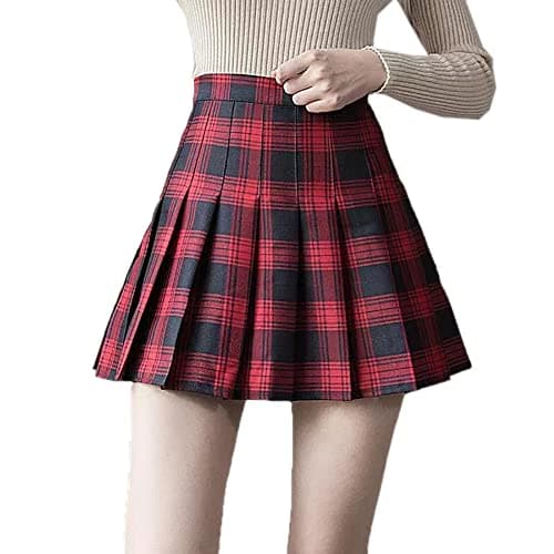 YANOOLH Women's Plaid A-line School Skirt — Red Pleated