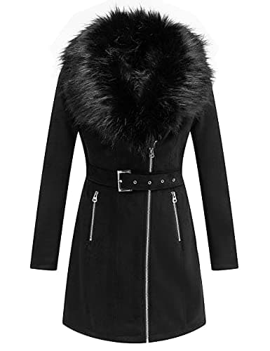 Bellivera Women's Faux Leather Trench Coat with Fleece Lining and Detachable Collar — Black Suede With Belt