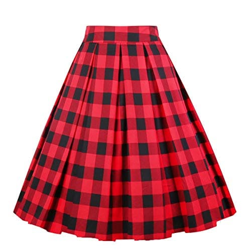 Girstunm Women's Floral Print A-line Midi Skirt with Pockets — Red-plaid