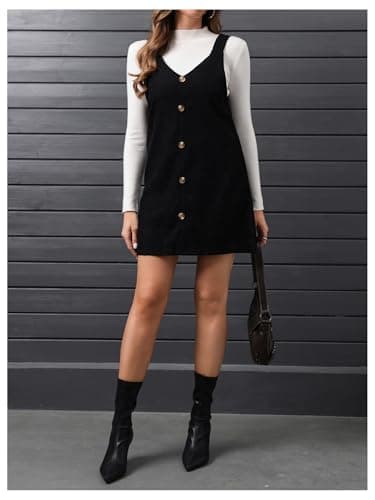 SOLY HUX Women's Pure Black V-Neck Corduroy Pinafore Short Dress X-Large