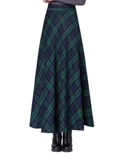 SUNYUESTAR Warm Elastic Plaid A-Line Long Skirt for Women — Green