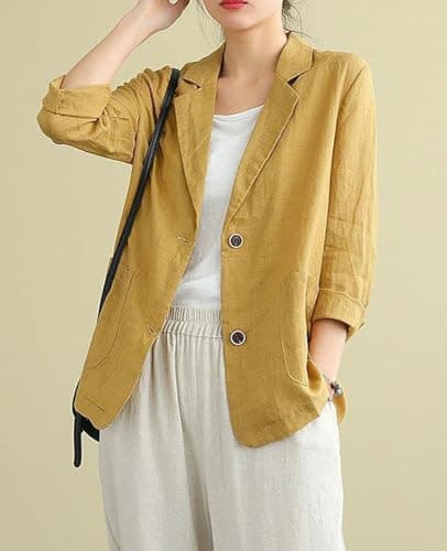 YOUNIFIZ Women's Linen 3/4 Sleeve Notch Lapel Summer Casual Blazer Jackets with Pockets