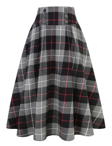 Women's High Waist Plaid A-line Midi Skirt by IDEALSANXUN — Dark Grey
