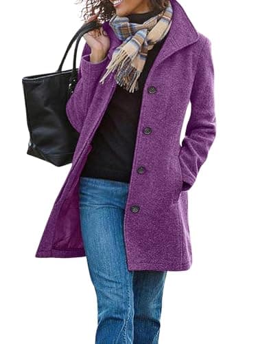 UTCOCO Women's Casual Thicken Pea Coat Mid Long with Pockets — Purple