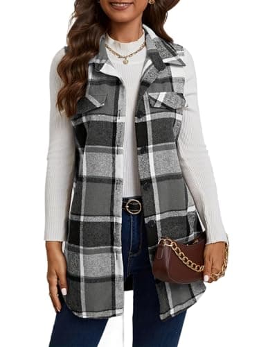IDEALSANXUN Women's Plaid Sleeveless Cardigan Shacket Vest Fall Fashion — Grey