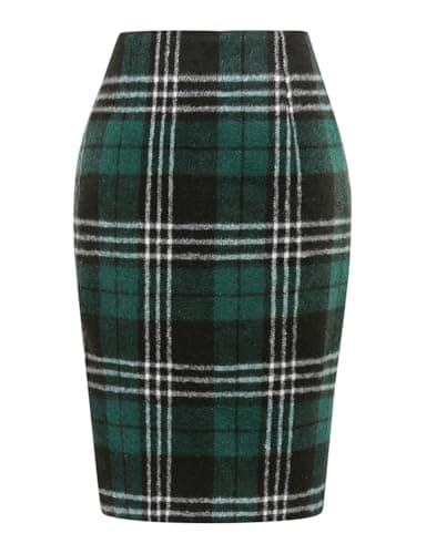 Womens Plaid Wool Pencil Skirt for Fall and Winter — Green 01