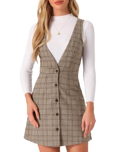 Women's Halloween Plaid Houndstooth Overalls Dress — Brown Check
