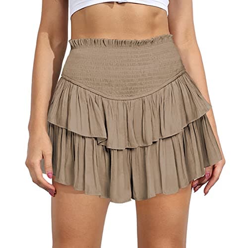 MiiVoo Women's High Waist Flowy Mini Skirt with Ruffle Detail — Apricot
