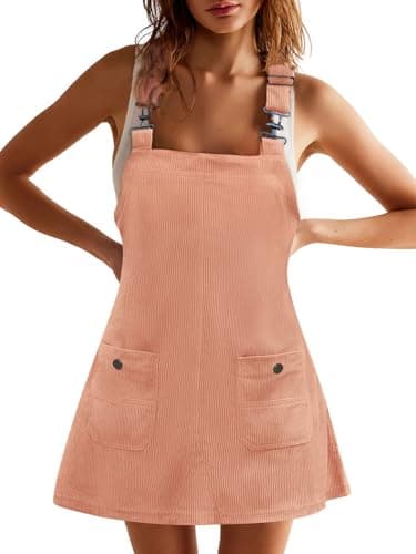 COCCKO Women's Adjustable Strap Corduroy Overall Mini Dress with Pockets Summer Fashion — Orange Pink