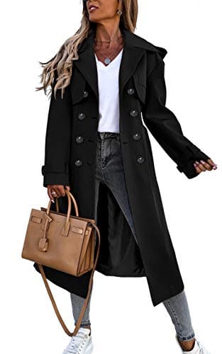 Fisoew Women's Classic Double Breasted Trench Coat with Belt and Pockets — Black