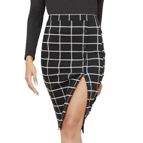 Byinns Women's High Waist Plaid Midi Work Skirt with Button Slit — Black Plaid