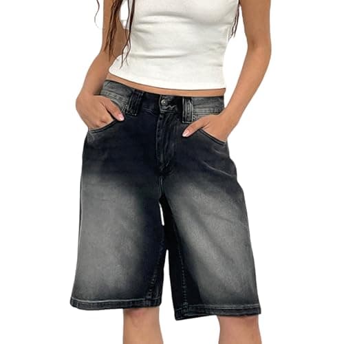 Winioder Y2K Wide Leg Denim Jean Shorts for Women — Denim Black