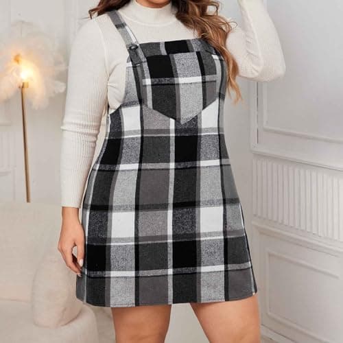 YADEOU Women Plus Size Cute Plaid Pinafore Dress with Pocket