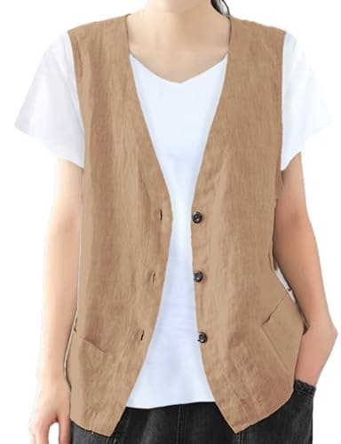 Women's Cotton Linen Vest Lightweight Jacket — Khaki