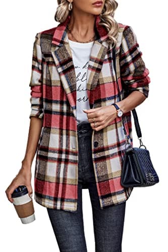 PrettyGarden Women's Plaid Winter Jacket With Pockets — Short Style Red