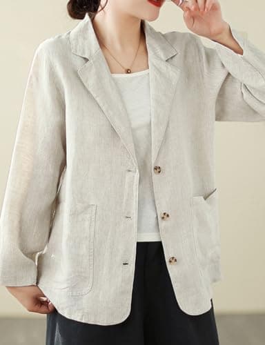 Womens Cotton Linen Blazer Casual Lightweight Suit Jackets