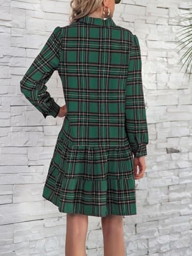 IDEALSANXUN Women's Plaid Long Sleeve Button Down Dress