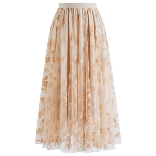CHICWISH Women's 3D Posy Double-Layered Midi Skirt — Light Tan-3d Posy