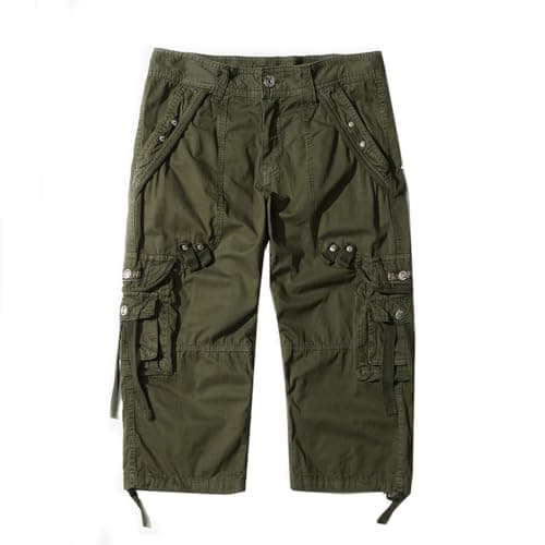 AOYOG Men's 3/4 Cargo Shorts Relaxed Fit Cotton Capri Pants — Army Green