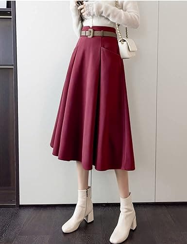 High Waisted A-Line Wool Midi Skirt for Women