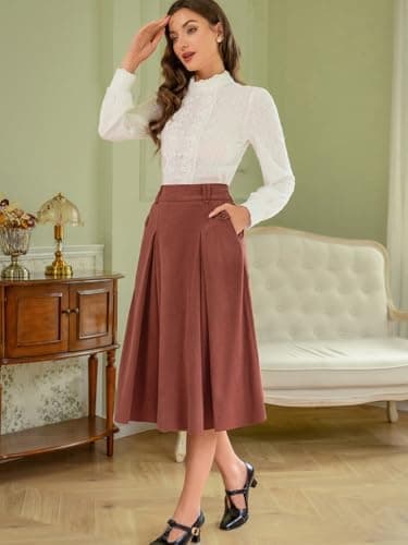Vintage Corduroy A-line Midi Skirt for Women with Elastic Waist and Pockets
