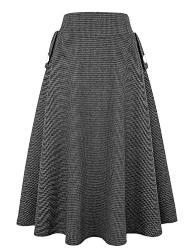 Women's High Waisted Wool Plaid A-line Skirt for Fall/Winter — Dark Grey