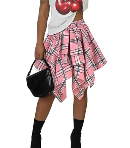 Atyfuniby Women's High Waisted Plaid Mini Skater Skirt with Knot Front — White Pink