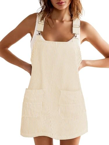 Yousify Women's Casual Striped Denim Overalls Sleeveless Dress with Pockets — Beige