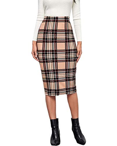 Floerns Women's Plaid Print High-Waisted Knee-Length Bodycon Pencil Skirt — Beige Plaid