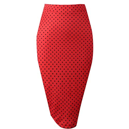 Topdress Women's High Waisted Elastic Pencil Skirt Knee Length Short with Slit — Red Black Dot