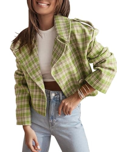 Stylish Plaid Cropped Blazers for Women (Fall/Winter) — Green White