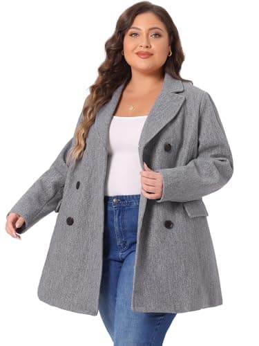Agnes Orinda Plus Size Notched Lapel Double Breasted Long Coat — Grey