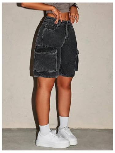 MakeMeChic Women's Low Waist Denim Cargo Bermuda Shorts