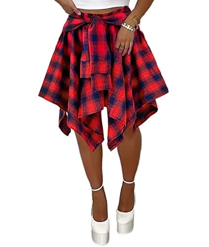 Atyfuniby Women's High Waisted Plaid Mini Skater Skirt with Knot Front — Red Navy