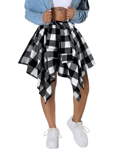 Atyfuniby Women's High Waisted Plaid Mini Skater Skirt with Knot Front — Checkered