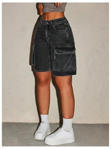MakeMeChic Women's Low Waist Denim Cargo Bermuda Shorts