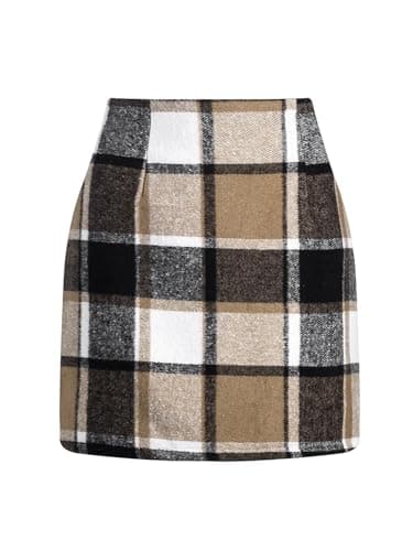 Scacto Women's Casual High Waist Plaid Wool Mini Skirt — A Brown