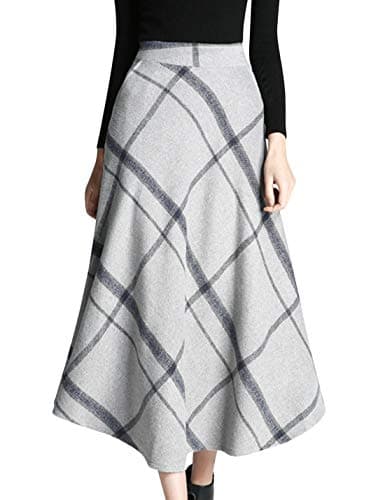 Women's Winter Wool Plaid A-Line Pleated Long Skirt — Gray